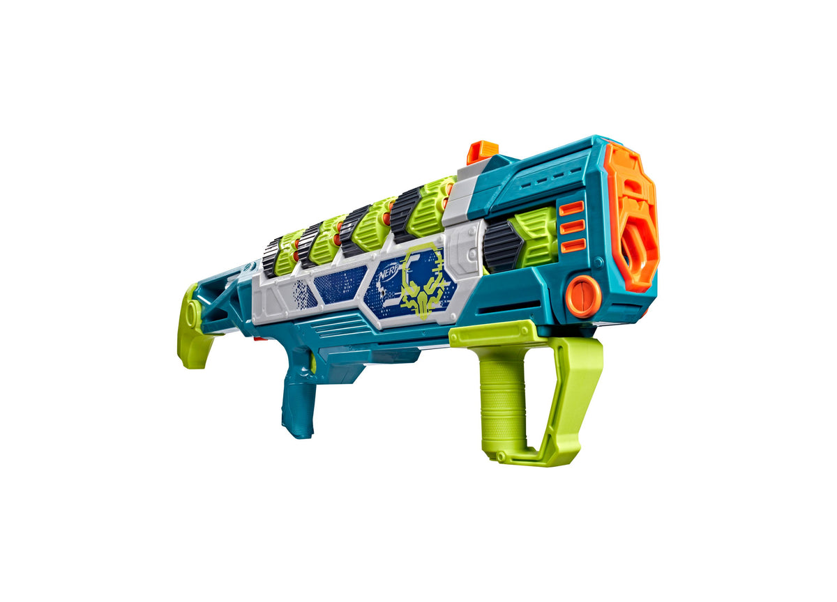 Nerf Rebel Ops Doom Cannon Tri-Shot Blaster in teal, lime green, and orange with shoulder mount and grip