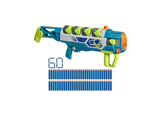 Nerf Rebel Ops Doom Cannon blaster in teal, lime green, and orange with 60 blue darts displayed below