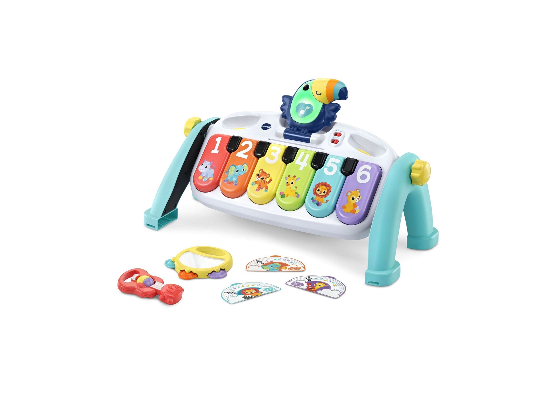 VTech Create & Discover Learning Musical Piano with colorful keys, toucan toy, and activity cards