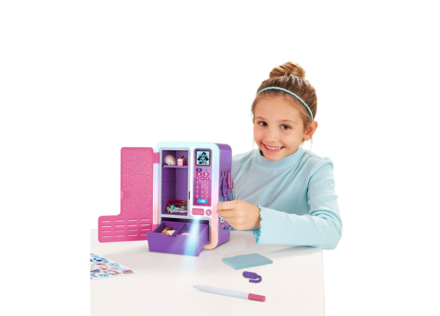 VTech My Mini Locker purple and pink Bluetooth music learning toy with girl playing