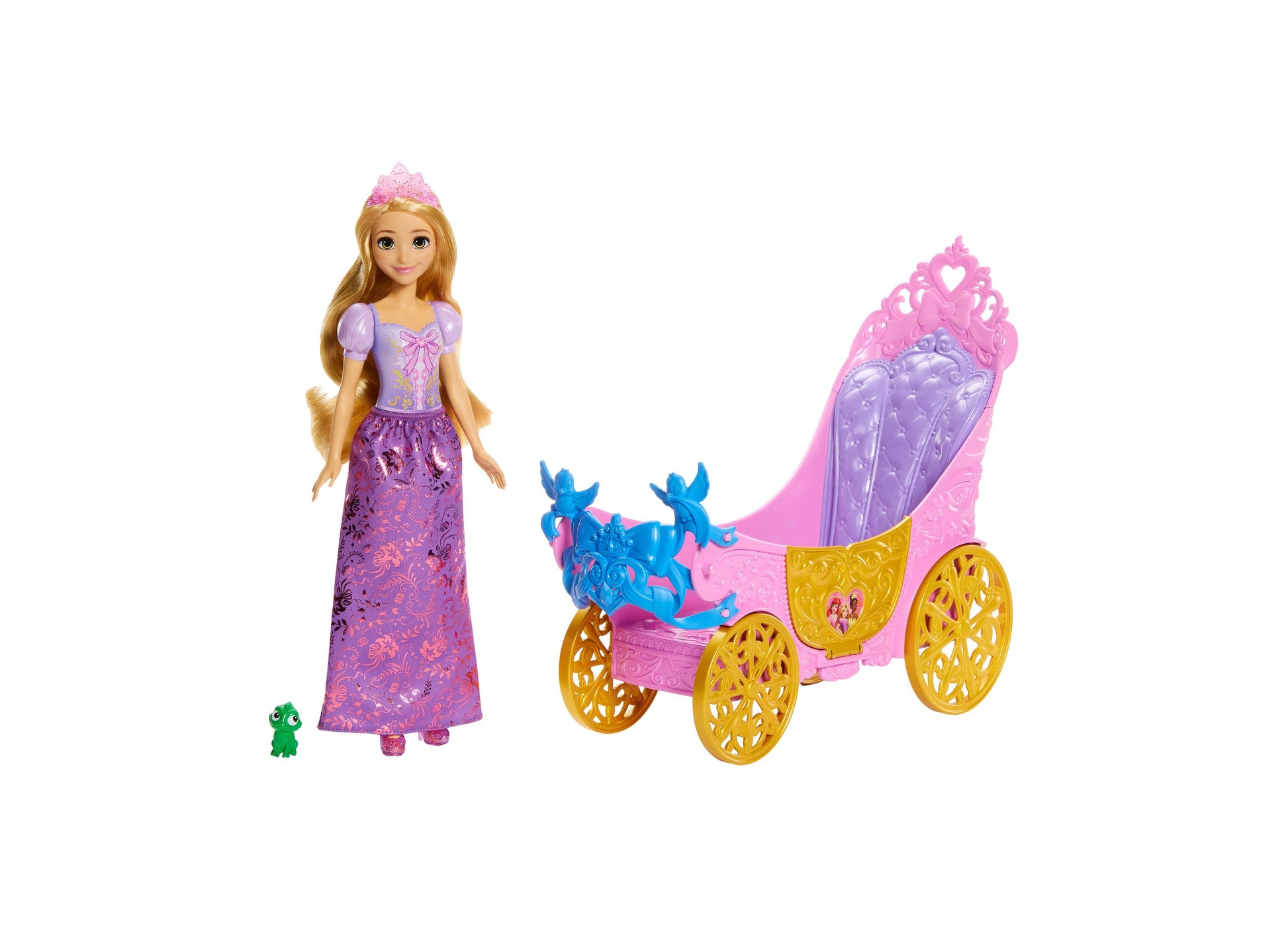 Disney Princess Rapunzel doll with pink carriage, blue horses, and Pascal figure