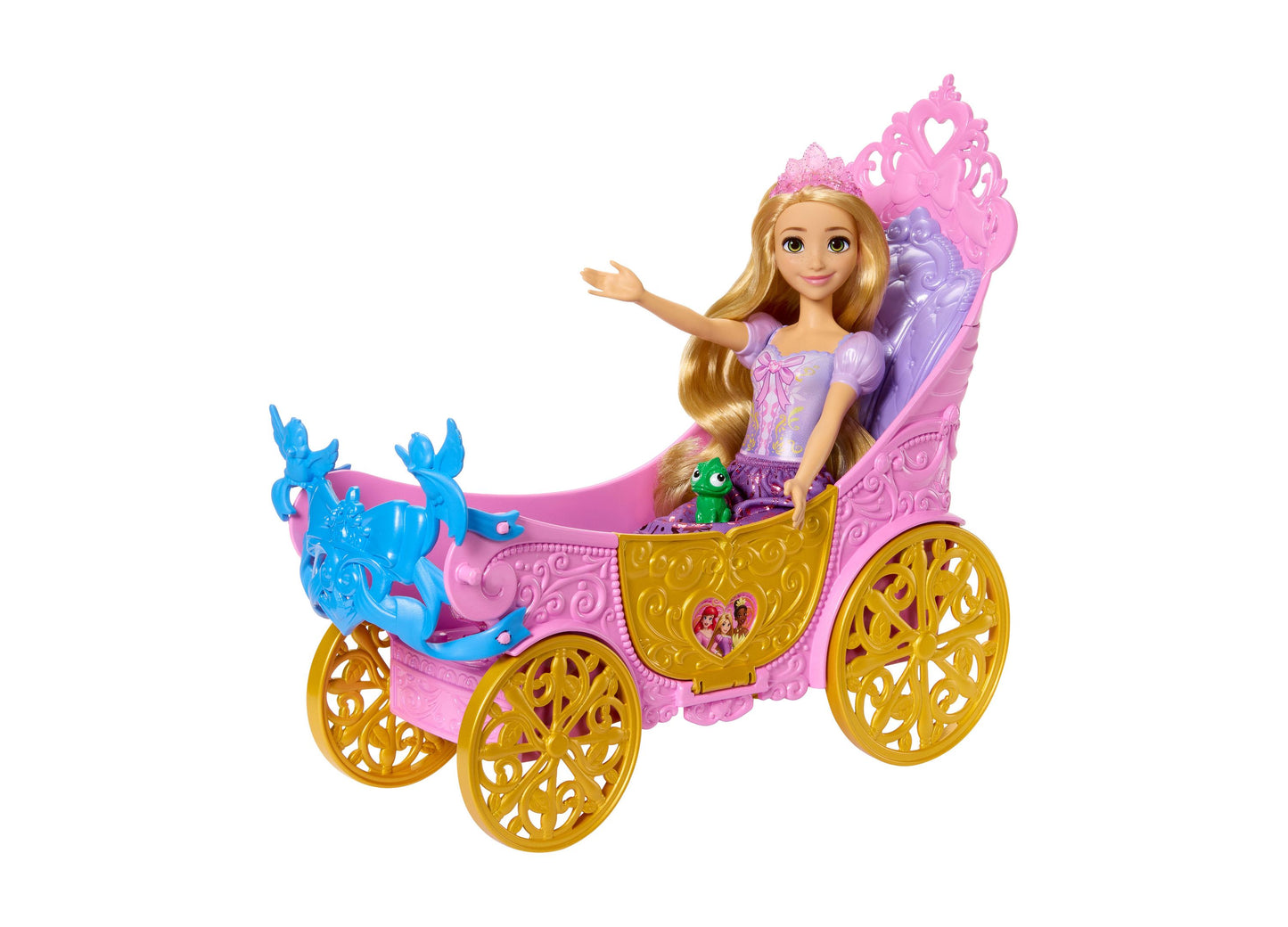 Disney Princess Rapunzel Grand Carriage with doll, Pascal figure, pink and gold carriage, blue horses