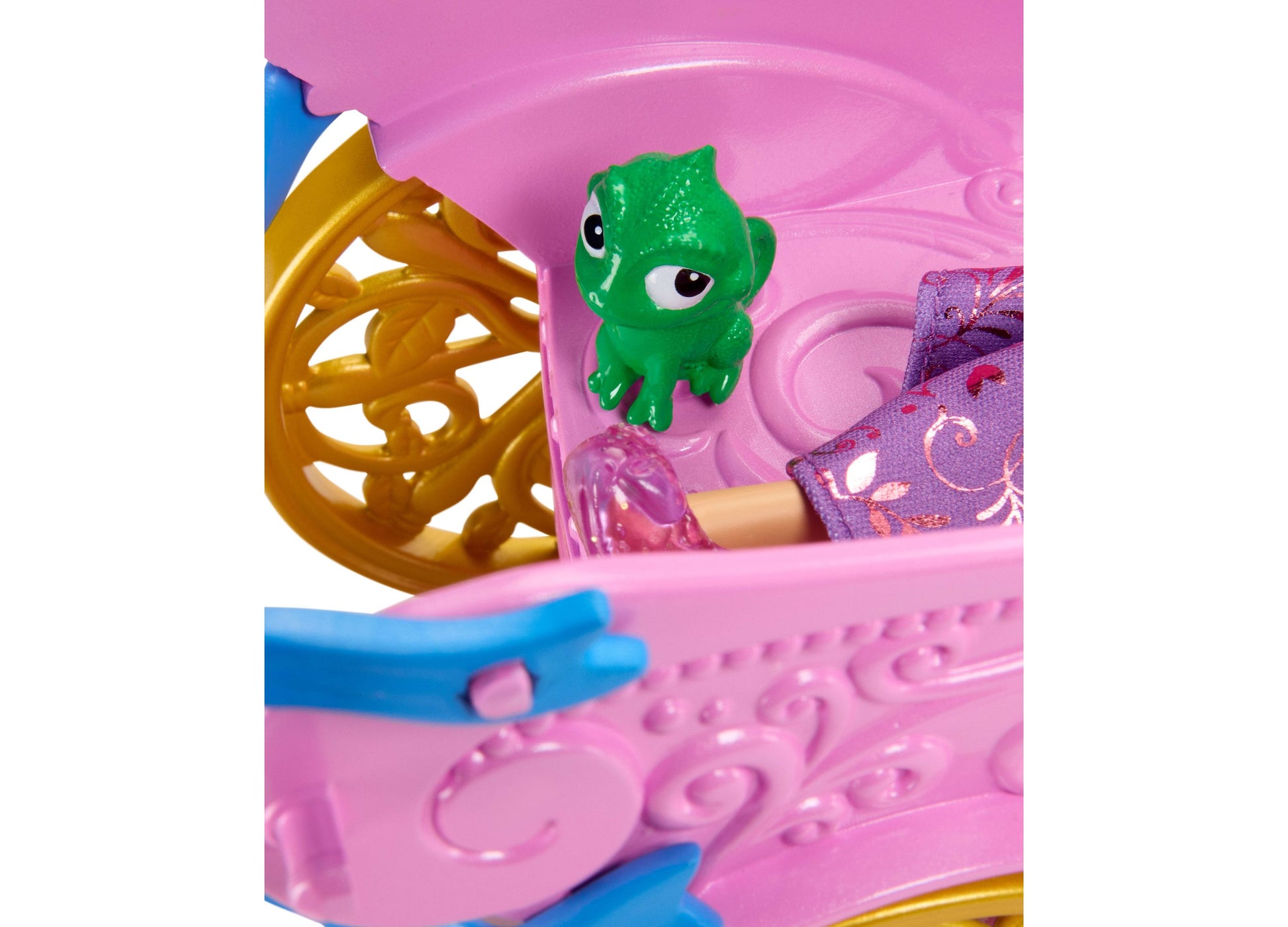 Disney Princess Rapunzel Grand Carriage with green Pascal figure, pink carriage with gold details