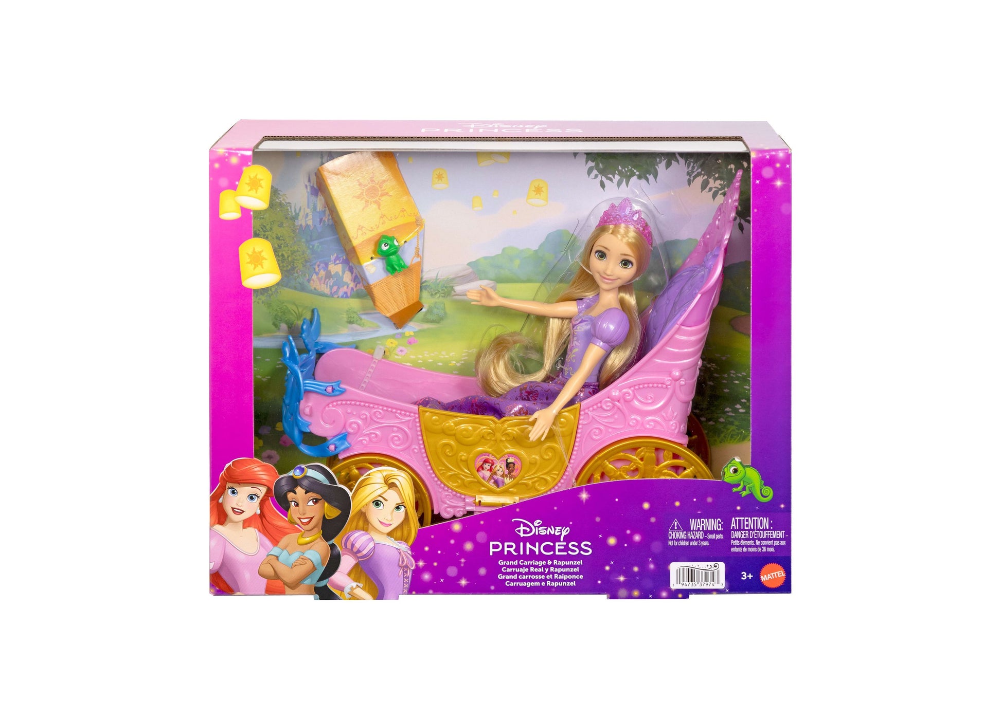 Disney Princess Rapunzel Grand Carriage with blonde doll, purple carriage, Pascal figure, and golden wheels