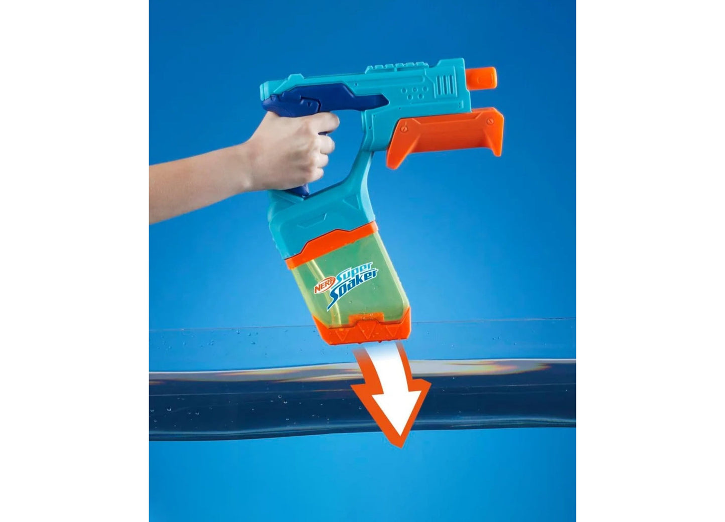 Nerf Super Soaker Dunk-Fill turquoise and orange pump-action water blaster being held
