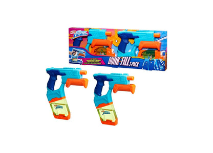 Nerf Super Soaker Dunk-Fill 2-Pack water blasters in blue and orange with pump-action design