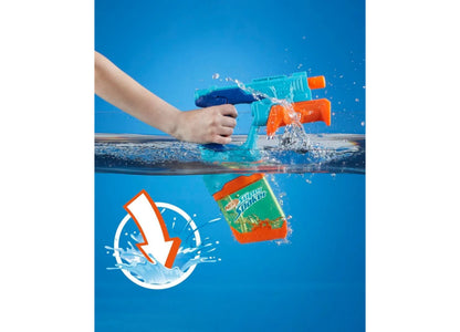 Nerf Super Soaker Dunk-Fill water blaster in turquoise and orange, pump-action design
