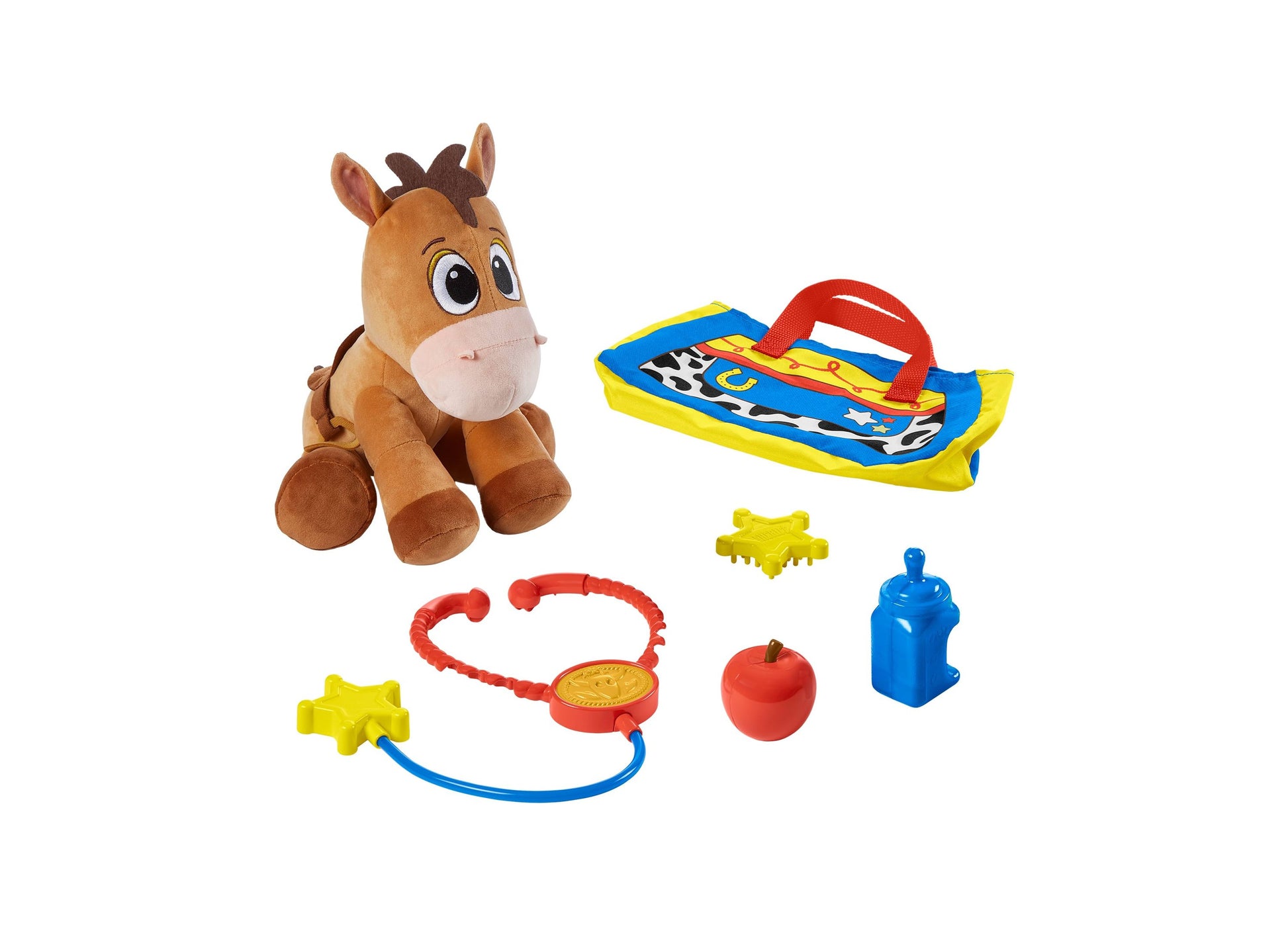 Imaginext Bullseye 9" plush horse with brown and tan colors, includes care kit accessories in blue, red, and yellow