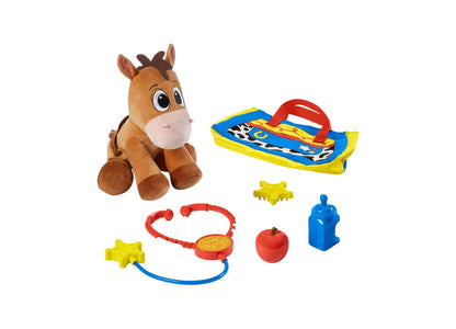 Imaginext Bullseye 9" plush horse with brown and tan colors, includes care kit accessories in blue, red, and yellow