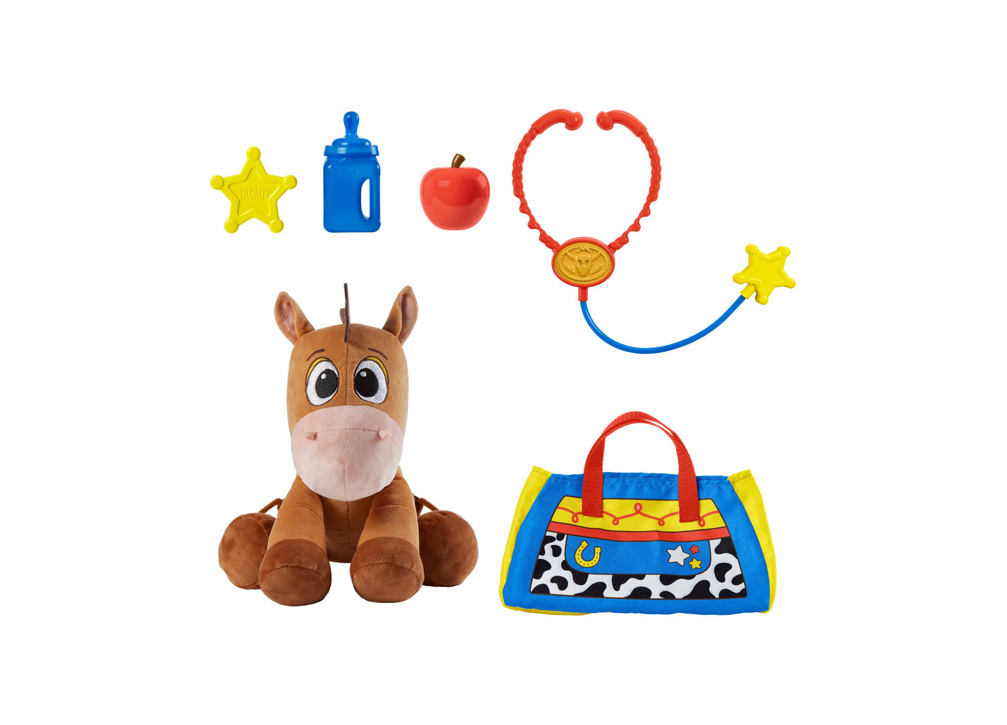 Imaginext Bullseye 9" Care Kit Plush with accessories including bottle, apple, necklace, bag, and stars