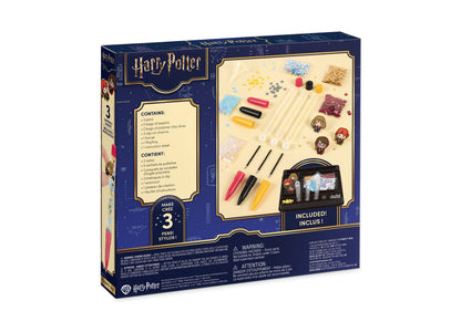 Harry Potter Make It Real customizable floaty pens 3-piece set with sequins, charms, and clay shapes displayed on pac...