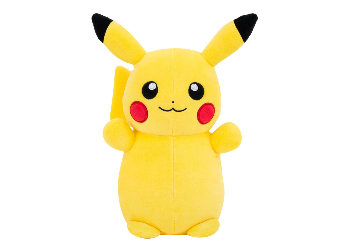 Pokemon HugMee Pikachu 10" Plush toy featuring yellow body, black-tipped ears, red cheeks, and cheerful smile