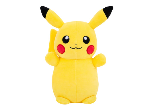 Pokemon HugMee Pikachu 10" Plush toy featuring yellow body, black-tipped ears, red cheeks, and cheerful smile