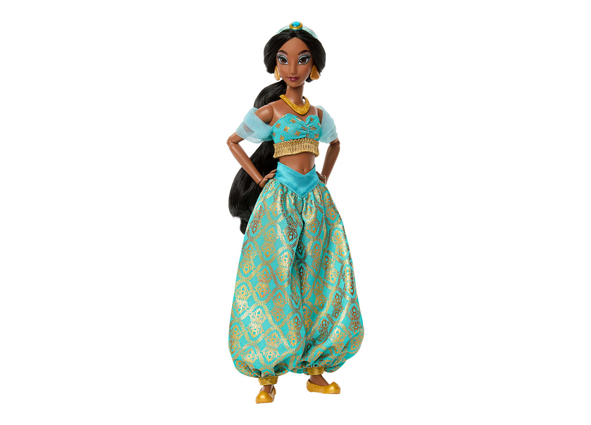Disney Princess Sparkling Princess Jasmine 11-inch doll wearing turquoise and gold two-piece outfit with jeweled head...