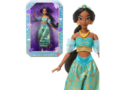 Disney Princess Sparkling Princess Jasmine doll in turquoise and gold outfit with jeweled headband and accessories