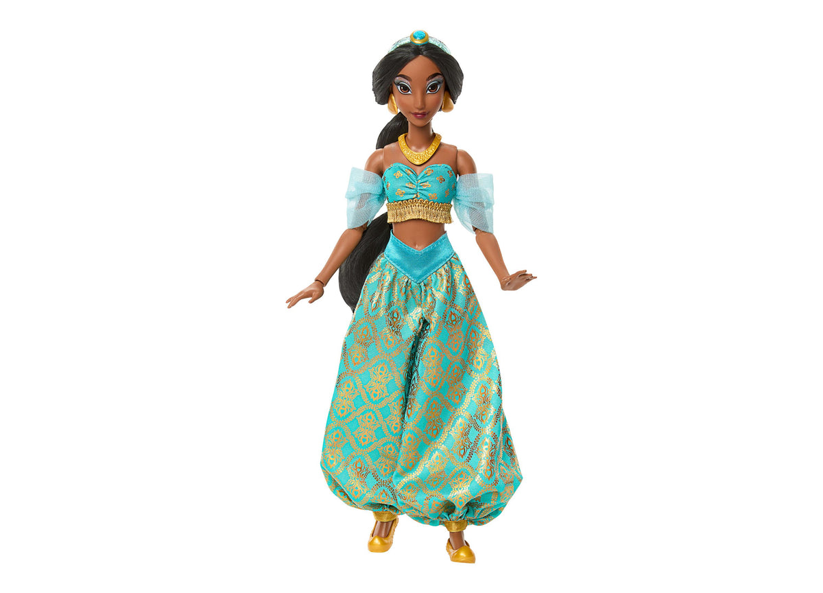 Disney Princess Sparkling Princess Jasmine 11-inch doll wearing turquoise and gold two-piece outfit with sheer sleeve...