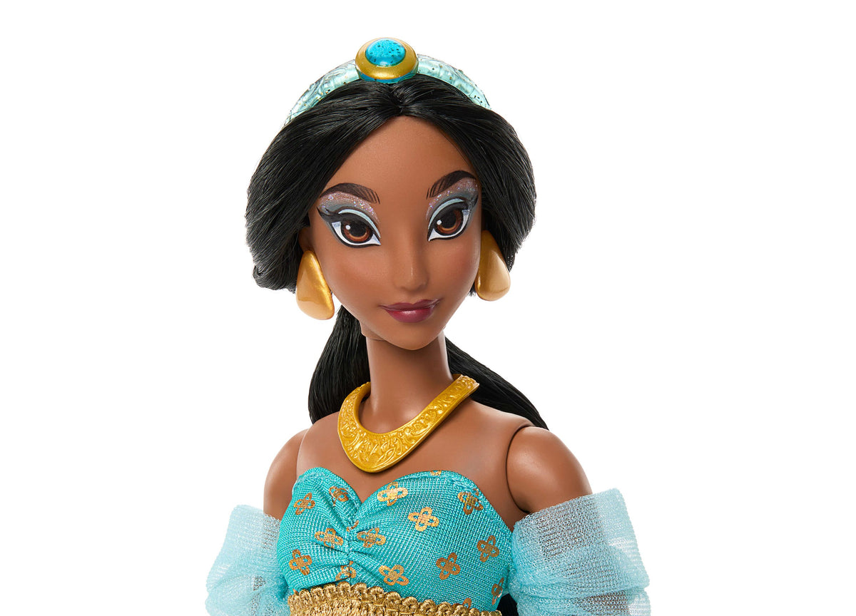 Disney Princess Sparkling Princess Jasmine 11-inch doll wearing turquoise and gold outfit with sheer sleeves, gold ne...