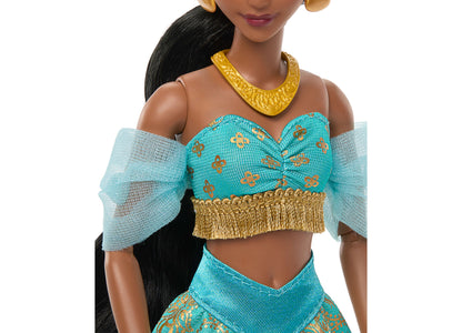 Disney Princess Sparkling Princess Jasmine 11-inch doll wearing turquoise and gold two-piece outfit with sheer sleeve...