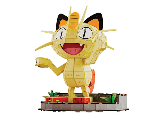 Pokemon 4D Build Meowth 137-Piece 3D Puzzle featuring yellow cat character with orange ears on cobblestone base