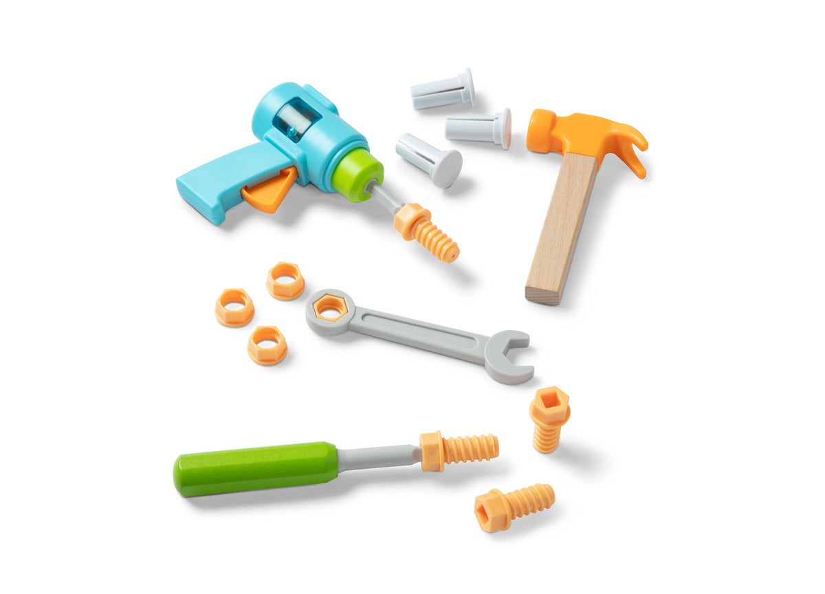 Melissa and Doug Build A House Toolbox 51-Piece Set with blue drill, hammer, wrench, screwdriver, nuts, bolts, and na...