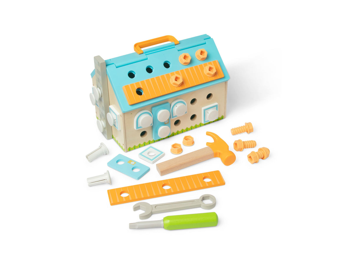 Melissa and Doug Build A House Toolbox 51-Piece Set with turquoise and cream house-shaped case, orange and yellow bui...