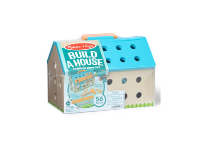 Melissa & Doug Build A House Toolbox play set shaped like a blue-roofed house with 51 pieces