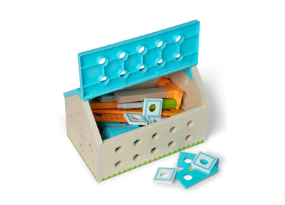 Melissa and Doug Build A House Toolbox 51-Piece Set with turquoise lid, cream storage case, building components, and ...