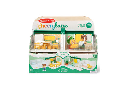 Melissa & Doug Cheery Lane fold-out house with four connected rooms, two figures, and yellow and green accents