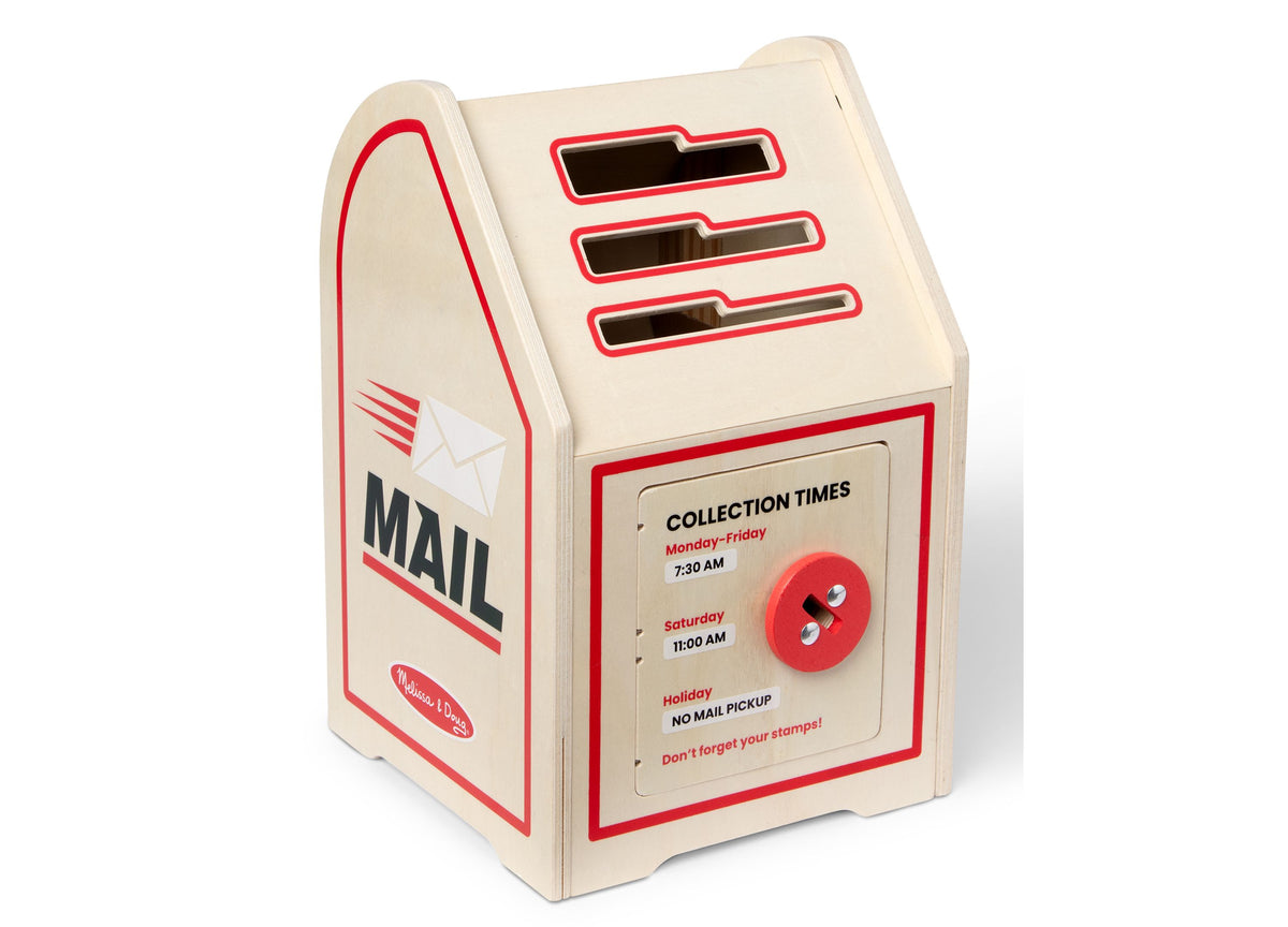 Melissa & Doug Stamp & Sort Mailbox Playset with red and cream mailbox, mail slots, and collection times information ...