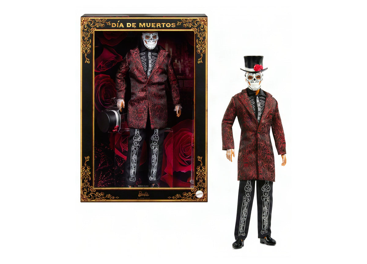 Barbie Día De Muertos Ken doll in crimson jacket with skeleton embroidery, mask, and top hat