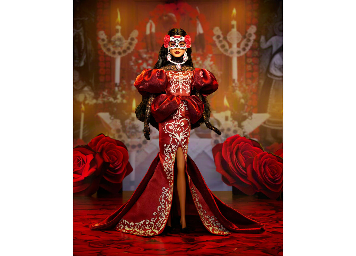 Barbie 2026 Día De Muertos Collectible Doll in red satin mermaid gown with skeleton embroidery, removable mask, and p...