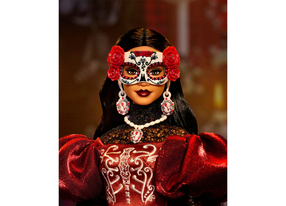 Barbie Día De Muertos Collectible Doll wearing red satin mermaid gown with skeleton embroidery and removable sugar sk...