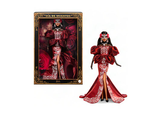 Barbie 2026 Día De Muertos Collectible Doll in red satin mermaid gown with skeleton embroidery and removable mask