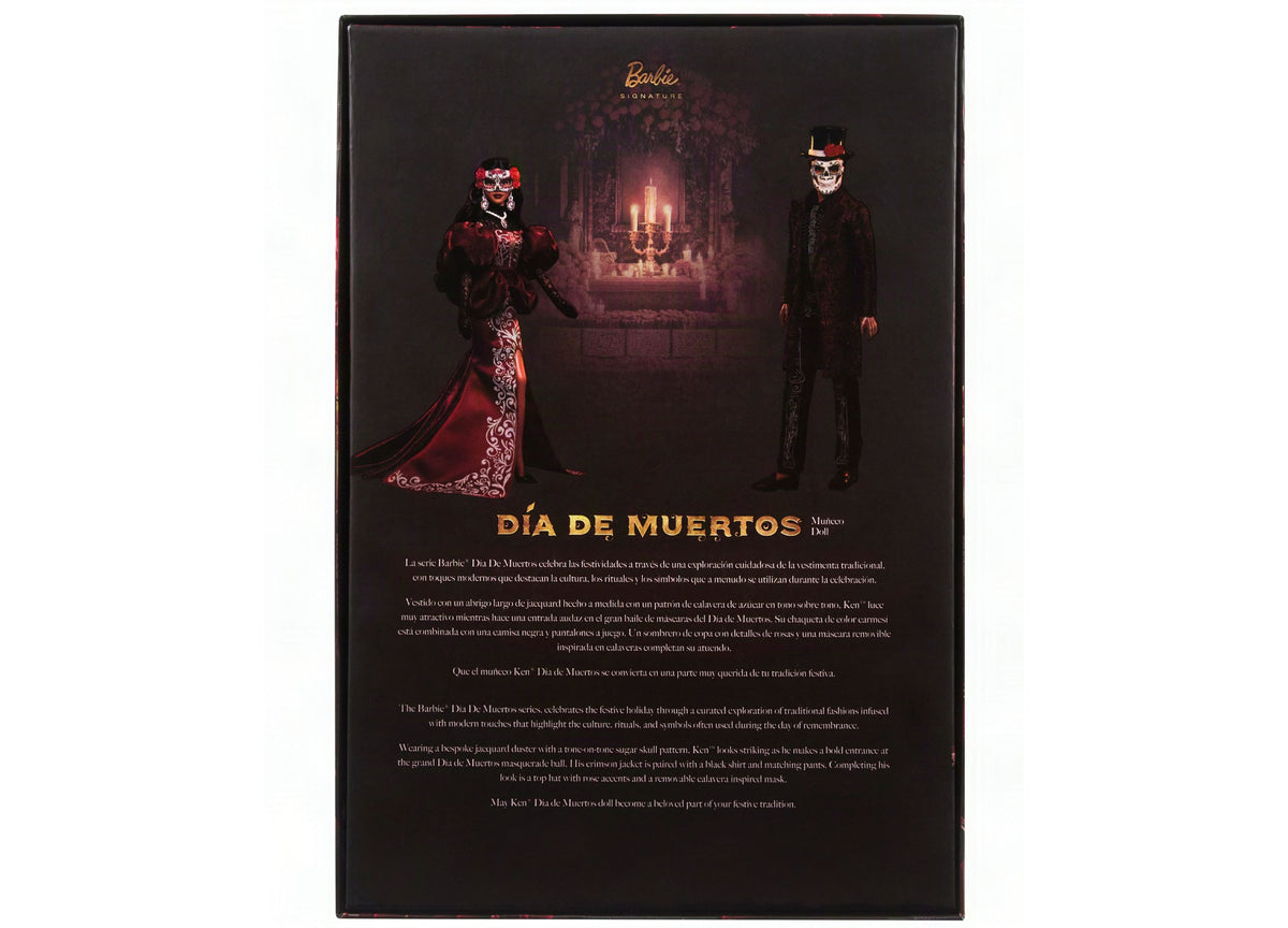 Barbie Día De Muertos Ken doll in crimson jacket with skeleton embroidery, removable mask and top hat, displayed with...
