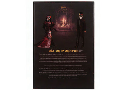 Barbie Día De Muertos Ken doll in crimson jacket with skeleton embroidery, removable mask and top hat, displayed with...
