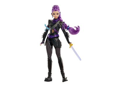 KPop Demon Hunters Battle Rumi 10.5" doll with purple hair, black outfit, sword and accessories