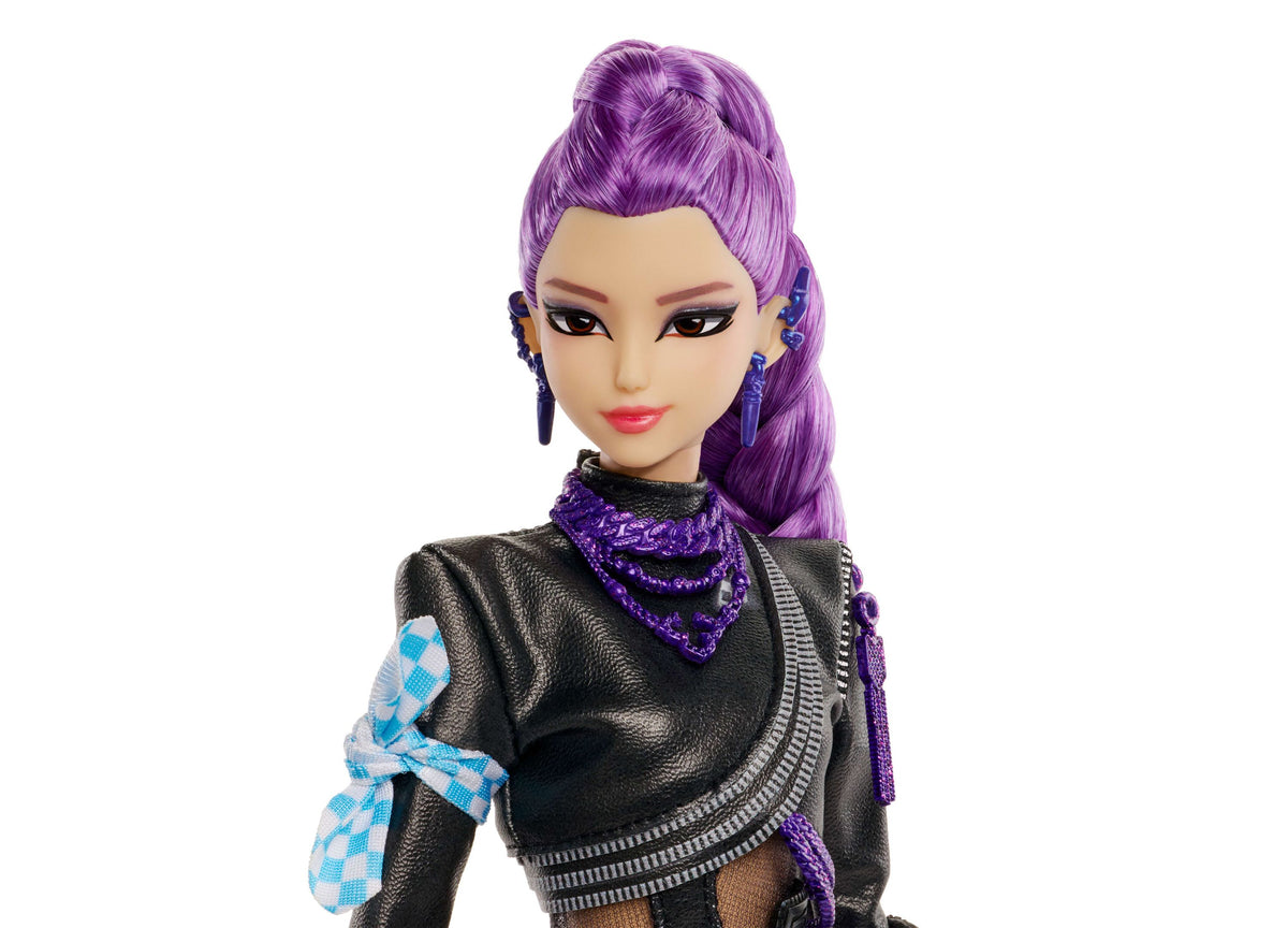 KPop Demon Hunters Battle Rumi doll with purple hair, black leather outfit, and posable joints