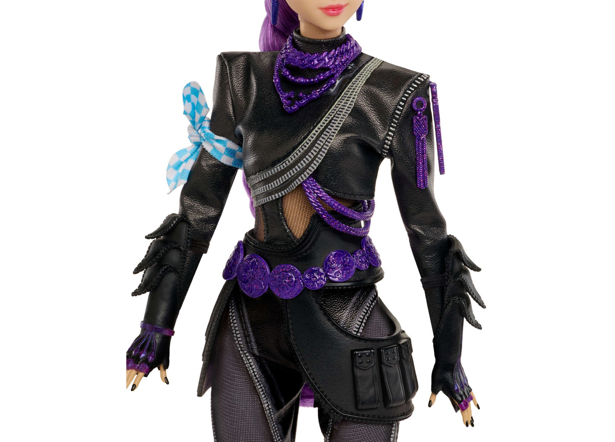 KPop Demon Hunters Battle Rumi 10.5" doll with purple hair, black leather outfit, posable joints