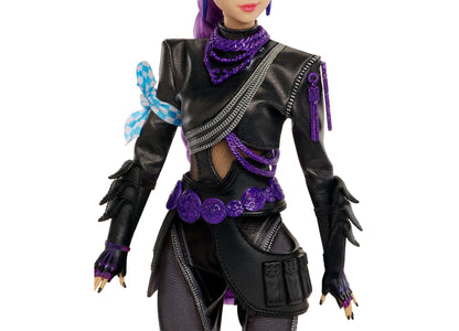KPop Demon Hunters Battle Rumi 10.5" doll with purple hair, black leather outfit, posable joints