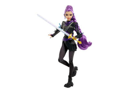 KPop Demon Hunters Battle Rumi doll with purple hair, black outfit, sword, and 11 posable joints