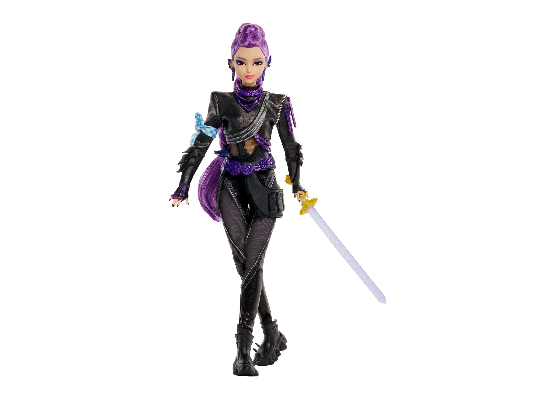KPop Demon Hunters Battle Rumi 10.5" doll with purple hair, black outfit, sword and accessories