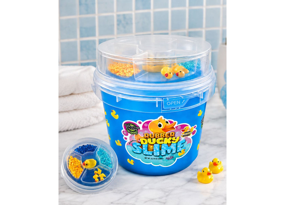 Rubber Ducky Scented Slime bucket with yellow duck charms and blue slime