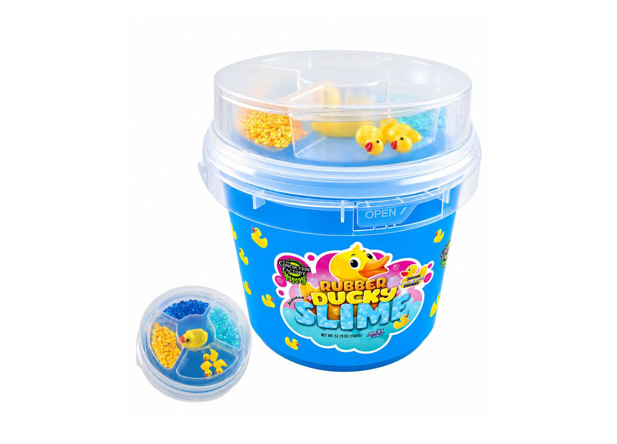 Rubber Ducky Scented Super-Stretchy Nonstick Slime Bucket with yellow duck charms and blue slime