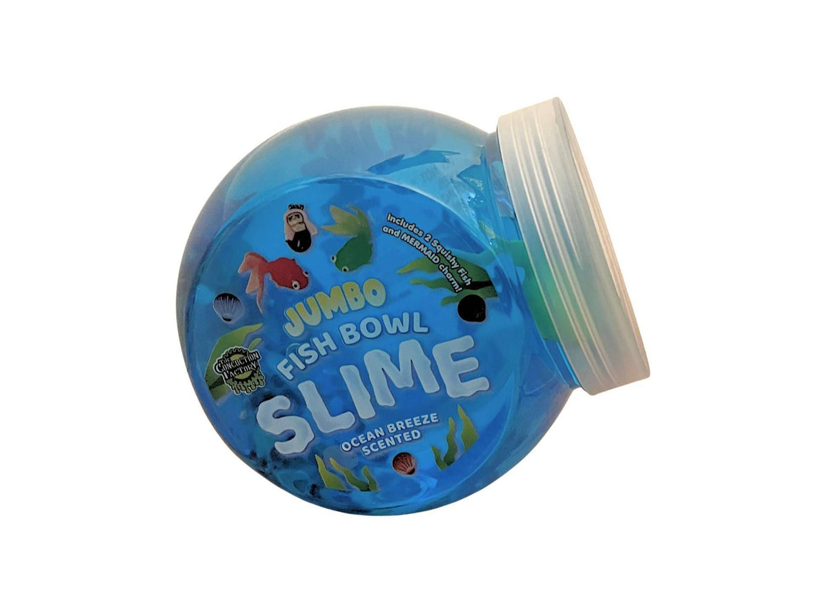 Fish Bowl Slime in ocean breeze scent, blue spherical container with sea creatures and seaweed graphics
