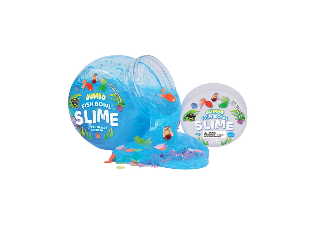 Fish Bowl Slime set with blue ocean-scented slime, fishbowl container, and colorful fish accessories
