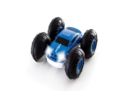 Blue and white Sharper Image Flip Stunt Rally remote control stunt vehicle with large black tires and LED headlights