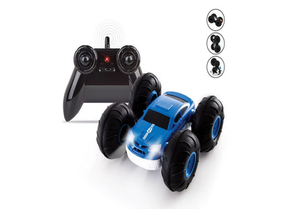 Blue and white Sharper Image Flip Stunt Rally remote control car with black remote control and instruction cards