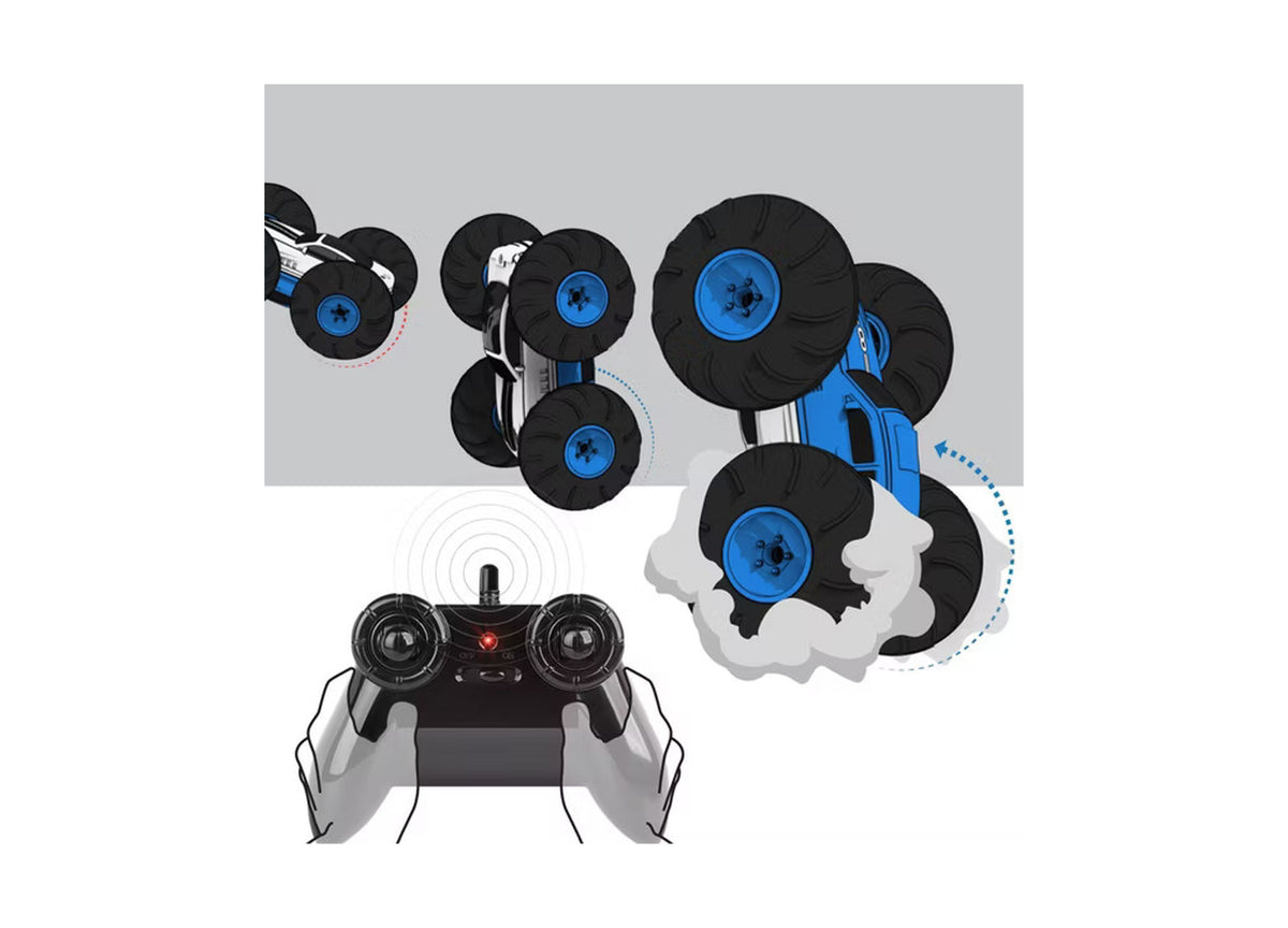 Sharper Image Flip Stunt Rally 2-in-1 remote control stunt vehicle with wireless controller, shown in blue and black ...
