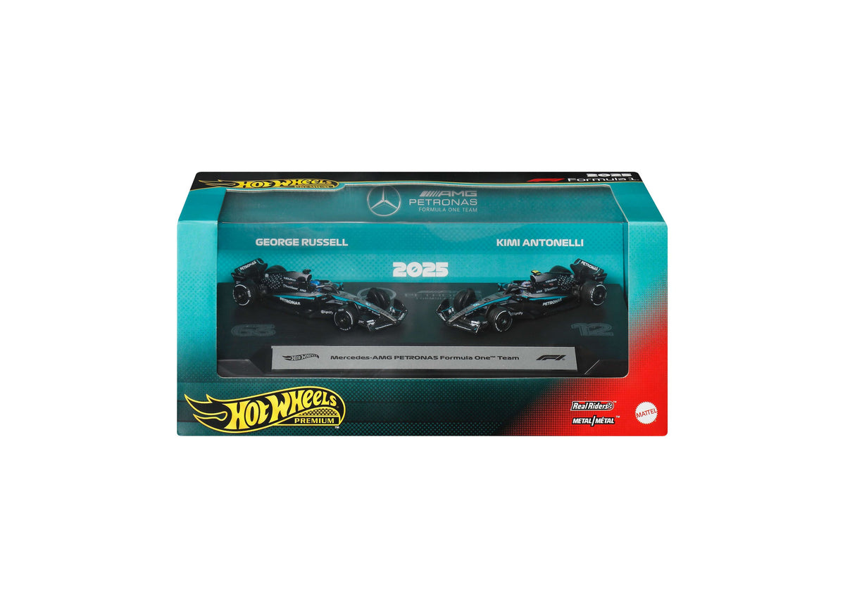 Hot Wheels 1:64 Scale Mercedes-AMG PETRONAS Formula One Premium Die-Cast Race Car, 2-Pack