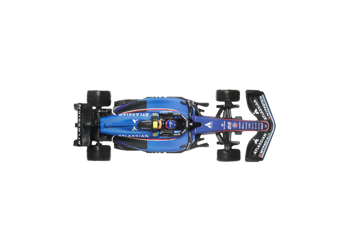 Hot Wheels 1:64 Scale Atlassian Williams Racing die-cast race car in blue with black accents, shown from above